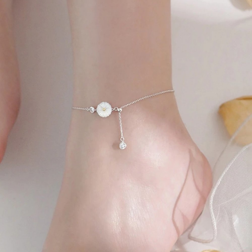 *NEW 925 Sterling Silver Shell Daisy Anklet
